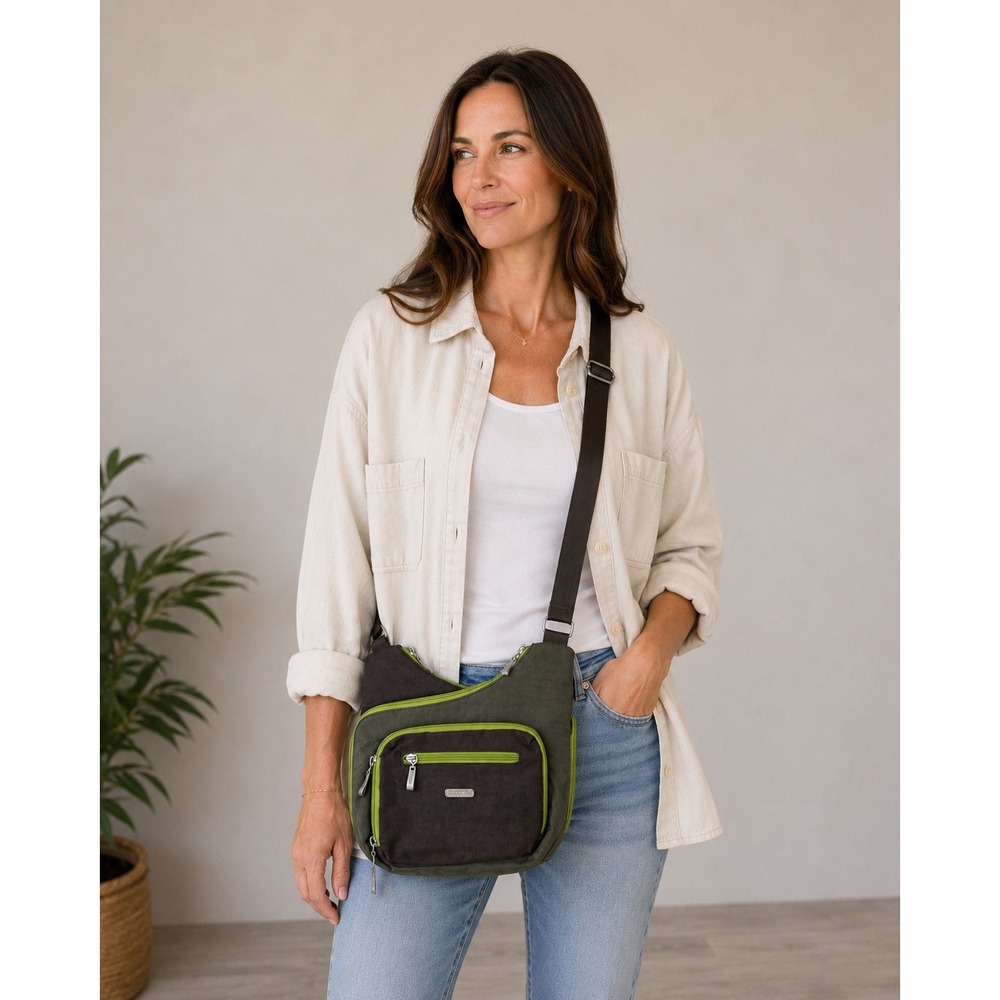 Baggallini Pocket Crossbody Bag Olive Green Brown Nylon Travel Purse Messenger